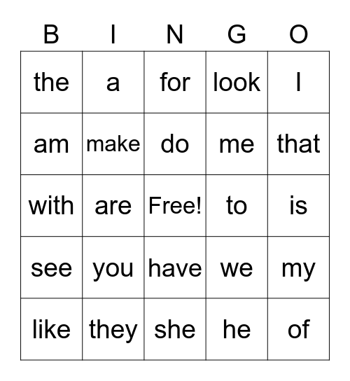 Popcorn Words Bingo Card