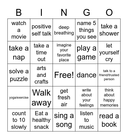 Coping Skills Bingo Card