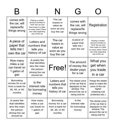 Buying a car vocab Bingo Card