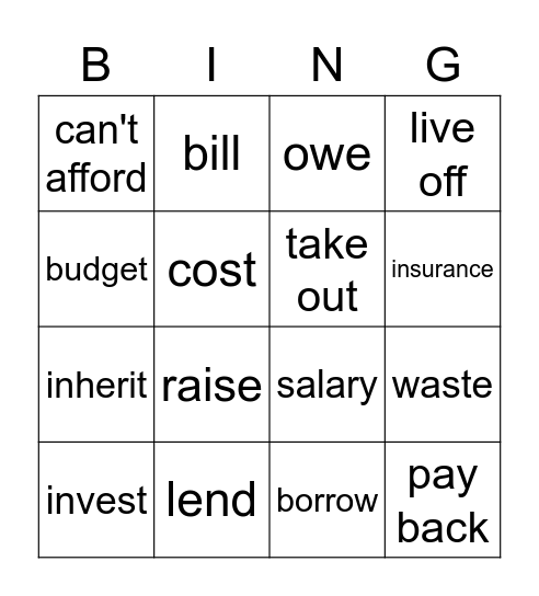 Money Vocabulary Bingo Card