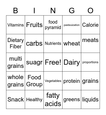 Nutrition Bingo Card