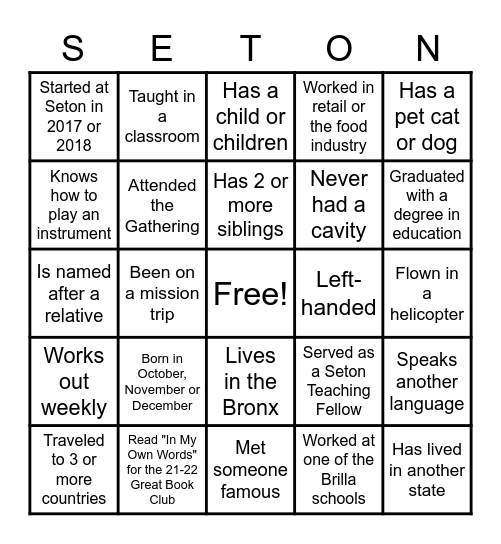 Seton Bingo Card