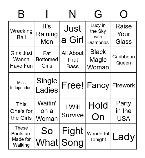 Ladies Night Music Bingo Card