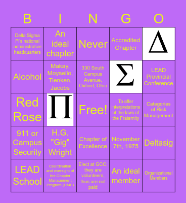 Pledge Education Meeting 5: Bingo with the Bros Review Bingo Card