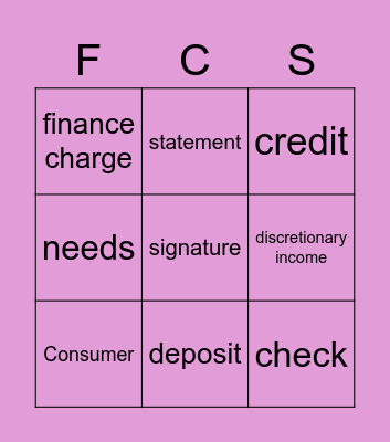 Consumer Vocabulary Bingo Card