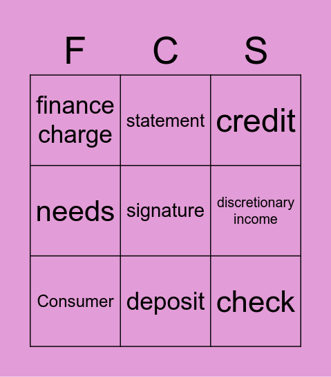 Consumer Vocabulary Bingo Card