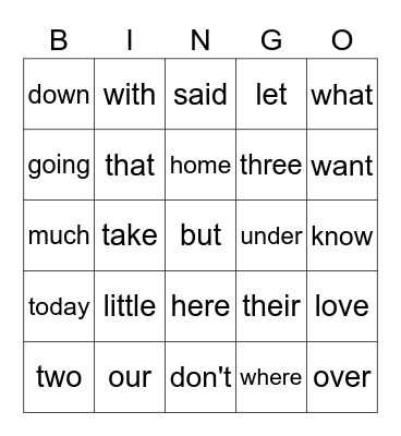 Level E Sight Words Bingo Card