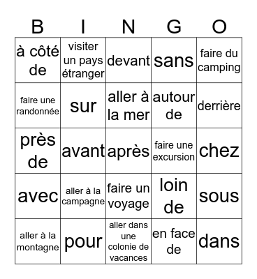 Révision de vocabulaire Bingo Card