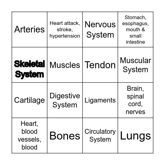 Body System's Bingo Card