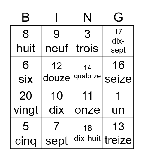 Les nombre 1-20 Bingo Card