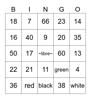 French Numbers and colors Bingo Card