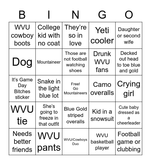 WVU vs. Oklahoma Bingo Card