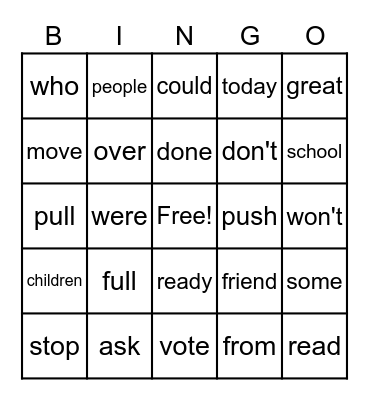 Sight Word Bingo Card