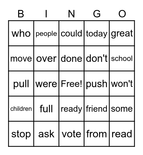 Sight Word Bingo Card