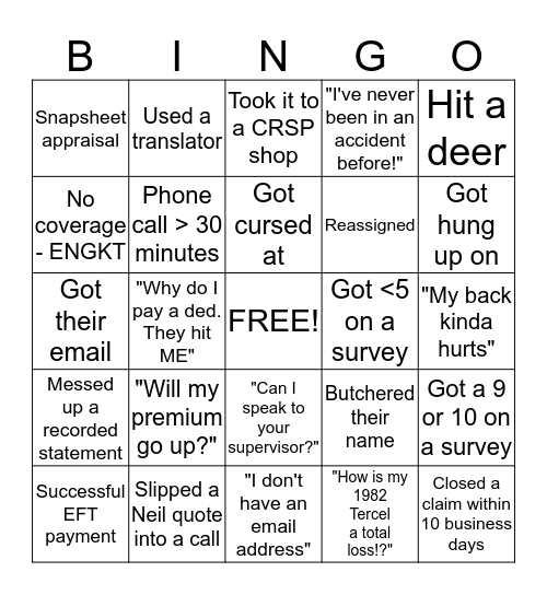 Adjuster Bingo Card