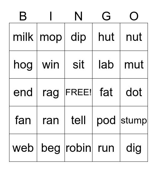 Short Vowel Sounds Bingo Card