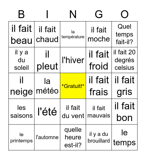La Météo Bingo Card