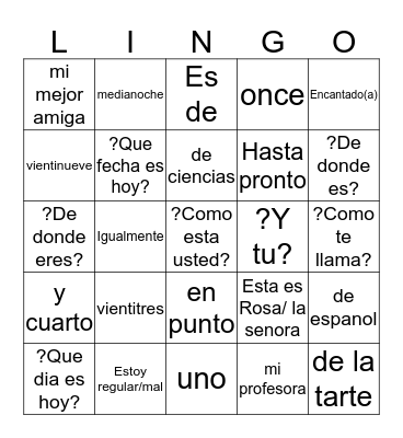 Capitulo 1 Vocabulario Bingo Card