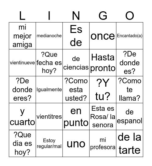 Capitulo 1 Vocabulario Bingo Card