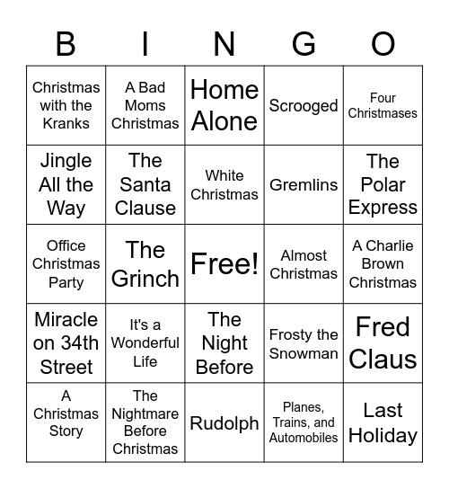 Christmas Movie Bingo Card