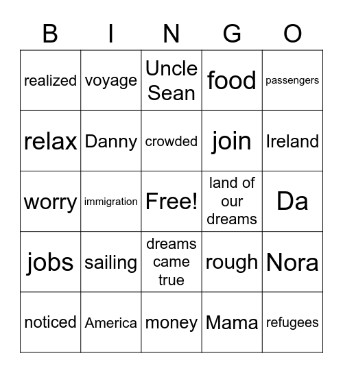 G3 U2 W2 Sailing to America Bingo Card