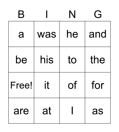Set A4 Bingo Card
