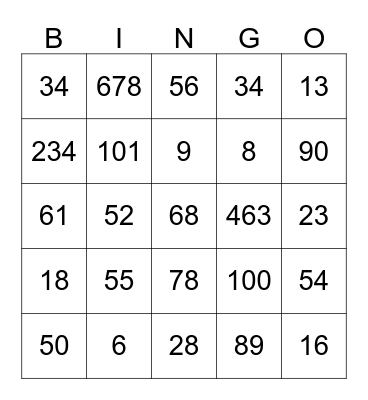 Number Bingo Card