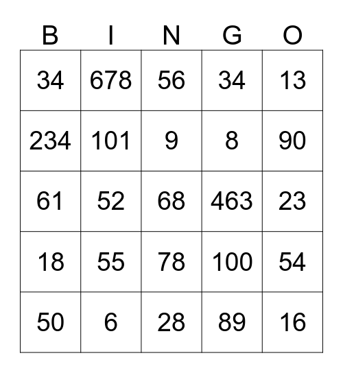 Number Bingo Card