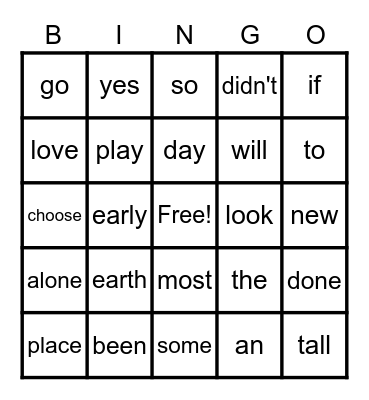 Sight Word Bingo Card