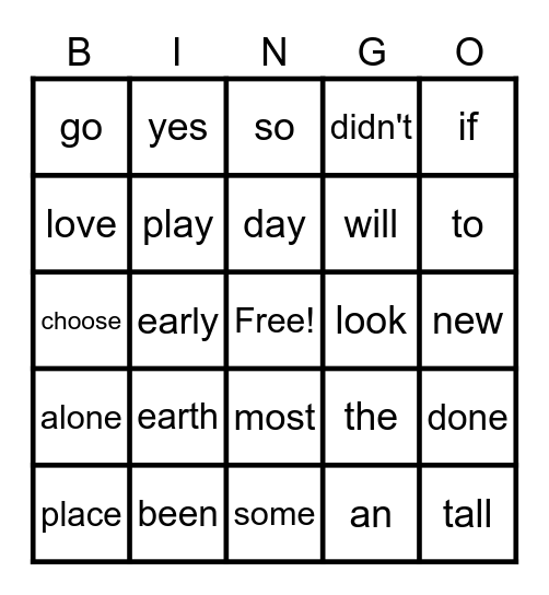 Sight Word Bingo Card