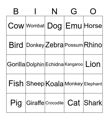 Animals Bingo Card