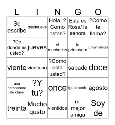 Capitulo 1 Vocabulario Bingo Card