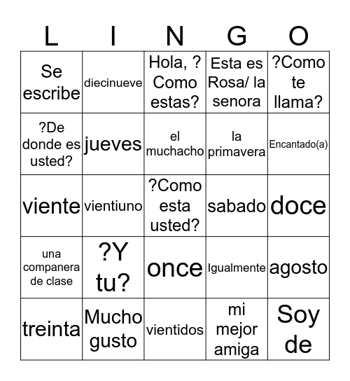 Capitulo 1 Vocabulario Bingo Card