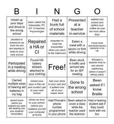 D/HH Itinerant Bingo Card