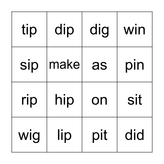 Week 8 Words Bingo Card