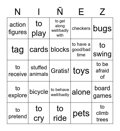 Las actividades en la niñez Bingo Card