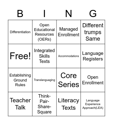 Adult ESL Class Bingo Card