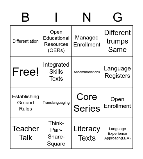 Adult ESL Class Bingo Card