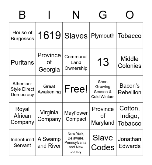The Early American Colonies Bingo Card