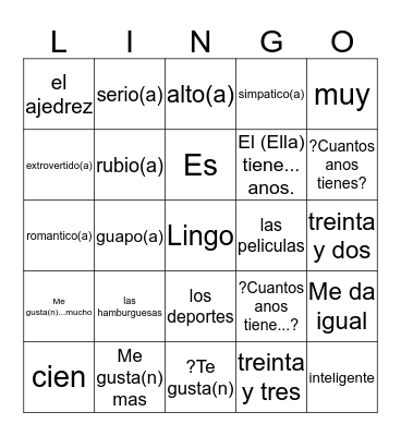 Capitulo 2 Vocabulario Bingo Card