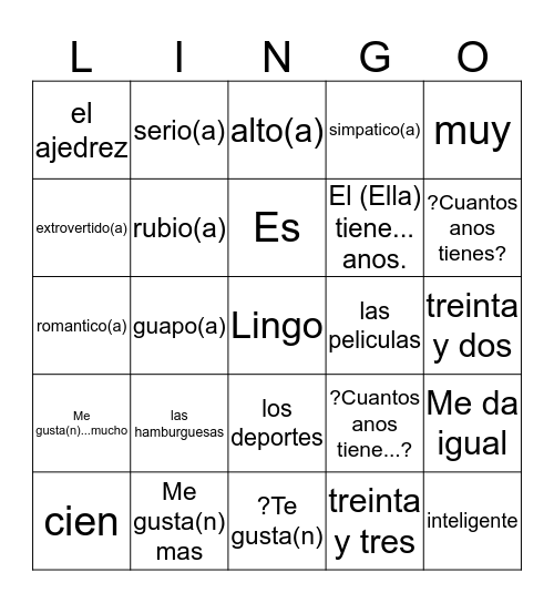 Capitulo 2 Vocabulario Bingo Card