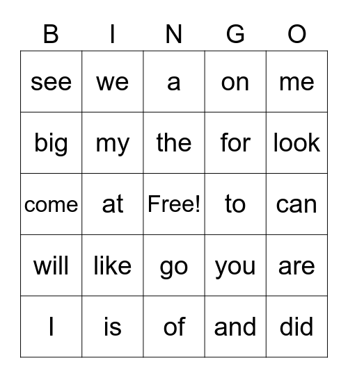 Sight Word Bingo Card