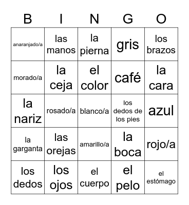 Las Partes Del Cuerpo y los Colores Bingo Card