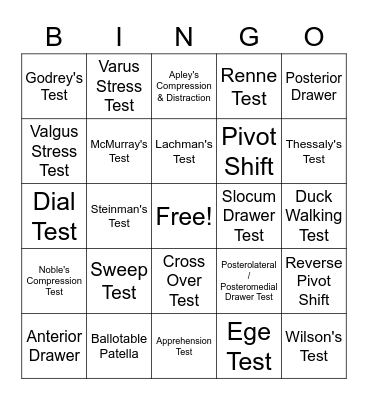 Knee Competencies Special Tests Bingo Card