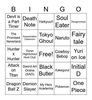 Anime Bingo Card