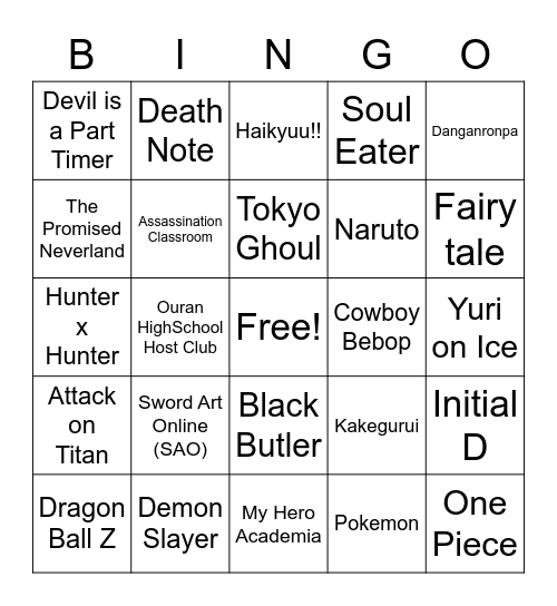 Anime Bingo Card