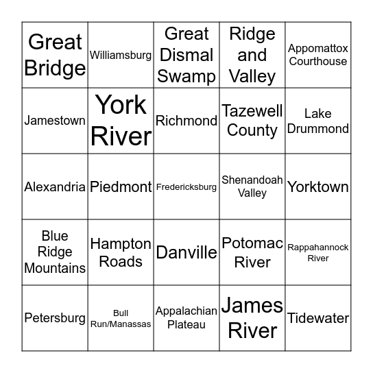 Virginia Places Bingo Card