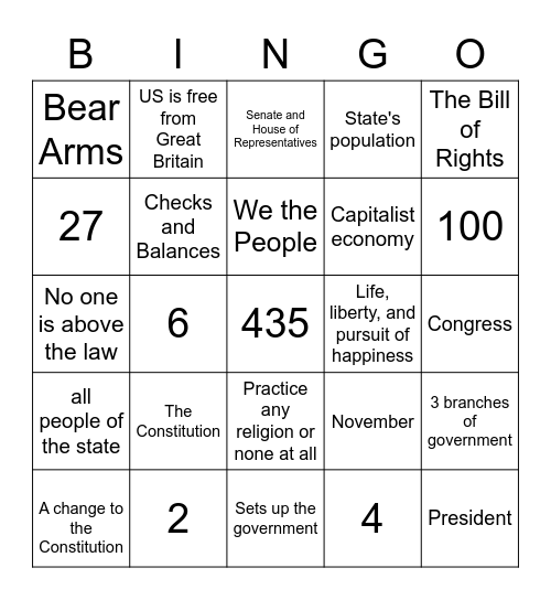 Citizenship Bingo Card