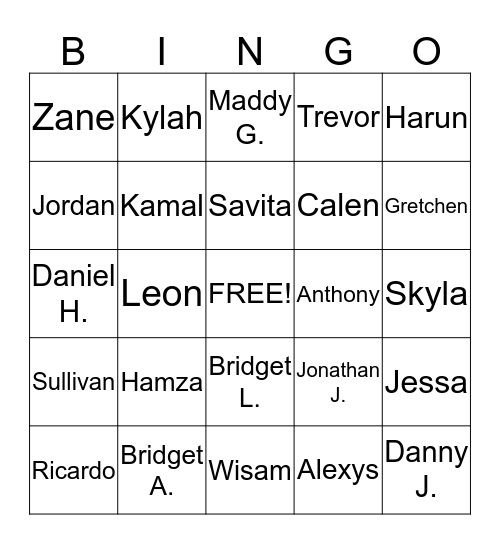 Sylvan Students Bingo Card