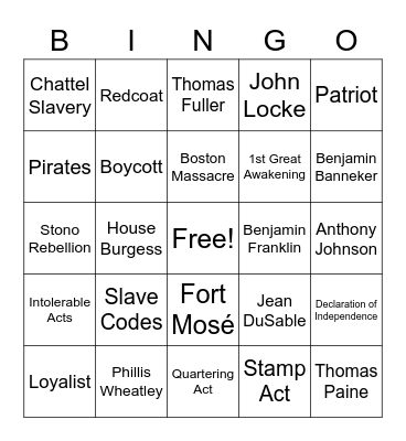 Unit 3 African American U.S. History Bingo Card